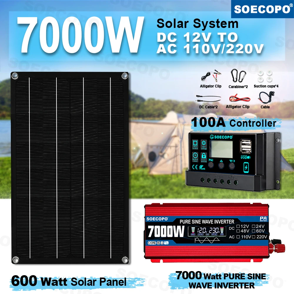 SOECOPO 7000W Portable Solar System Kit 600W Panel,Pure Sine Wave Inverter 12V To 110V/220V, 100A Controller for Camping Home