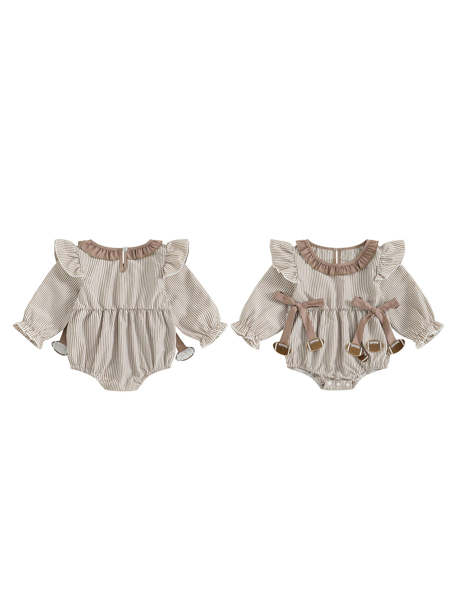 

Adorable Infant Girls Autumn Playsuit with Striped Design Cute Football Embroidery and Ruffled Details on Round Neckline