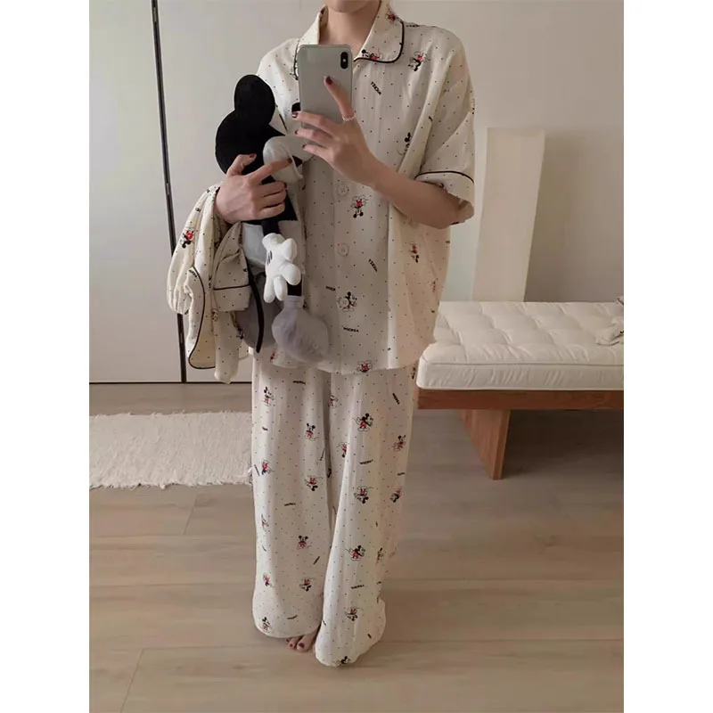 Disney Mickey Mouse Pajamas Set Cotton Women Short Sleeve Trousers Cartoon Korean Home Blouse Fashion Girls Cute Sleepwear Suit