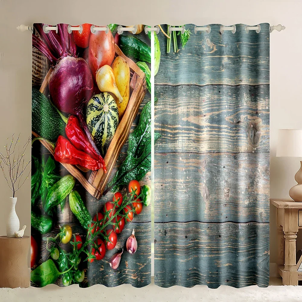 Vegetables Window Curtains,Tomato Onion Potato Pepper Assortment of Various Food Products on a Wooden Table,Blackout Curtains
