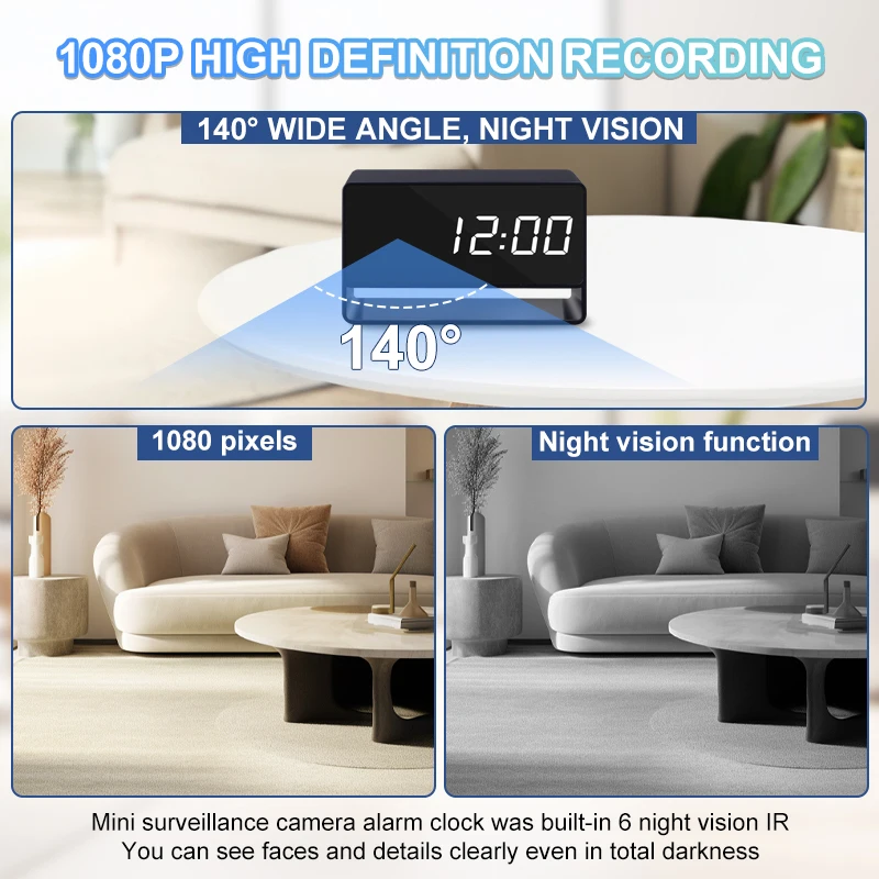 1080P Mini Camera Clock Wireless Clocks Cameras HD WiFi Surveillance Security Cam Night Vision 12/24 Hour Detection Alert