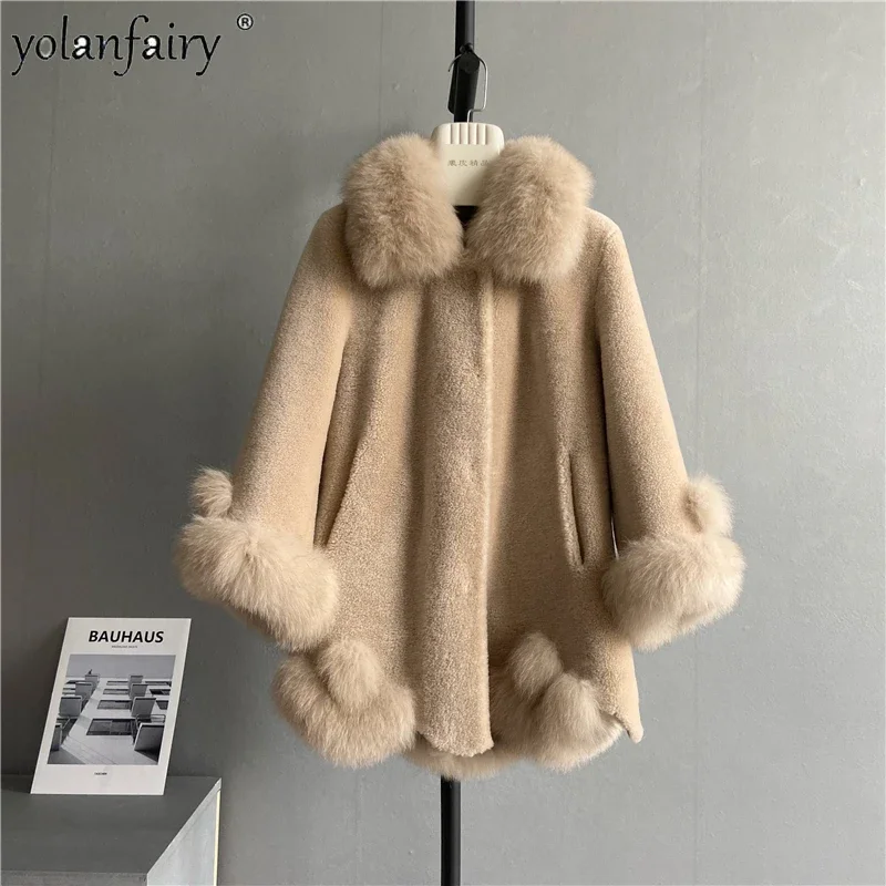 

2022 Winter Sheep Shearing Coat Women Elegant 100% Wool Jacket Fox Fur Collar Thick Warm Coats Abrigos Mujer Invierno 2022 FCY