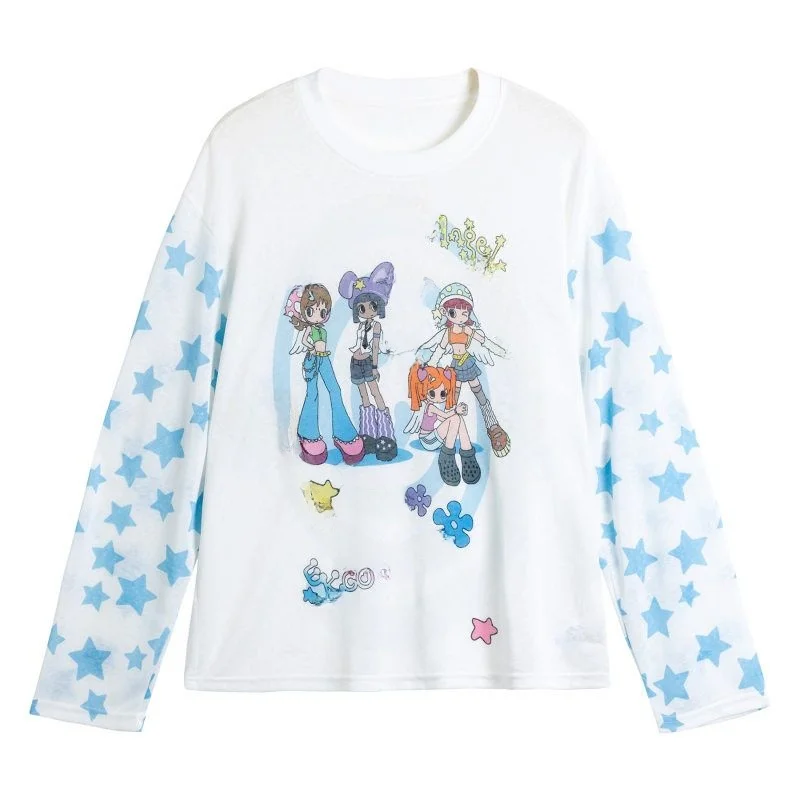 Cseta cómoda de aodón de manga larga con diseño de personaje de dibujos animados, informal, con estampado de s d...