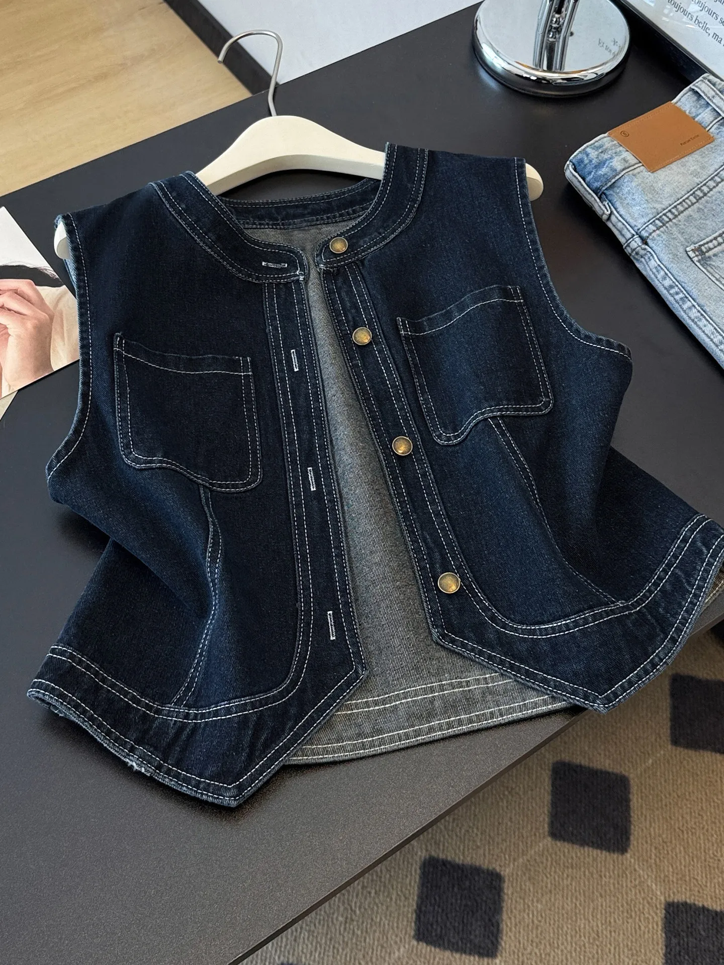 Japanese-Style Retro Round-Neck Denim Women, New Model For Petite Figures, Sleeveless Outerwear Vest Jacke