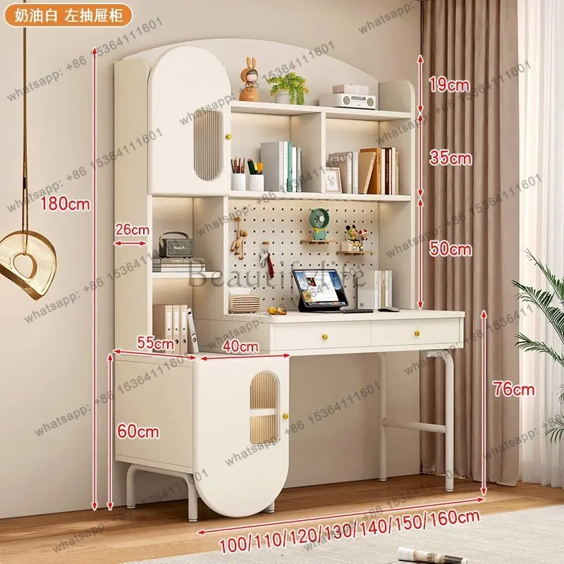 Cream Wind Solid Wood Household Bedroom Against the Wall Desk Bookcase Integrated Computer Desk