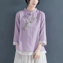 Chinese Style Embroidered Shirt Women Cotton Linen Stand Collar Three Quarter Sleeve Clothing Vintage Casual Shirts Hanfu Tops