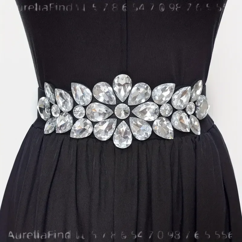 Women Elastic Decorative Waist Belt Shiny Large Glass Gemstone Statement Waistband Exaggerated Ornate Sparkly Fashion Accessory For Evening Party Prom Banquet Wedding Formal Dresses Club Night Out