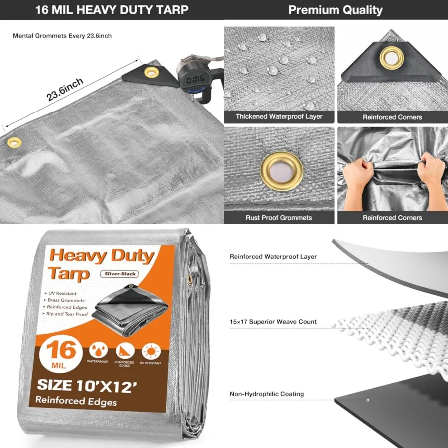 

Tarp Waterproof 10 X 12 Feet 16 Mil Heavy Duty Tarp Multipurpose Tarps Heavy Duty Waterproof Protective Cover UV All Weather Re