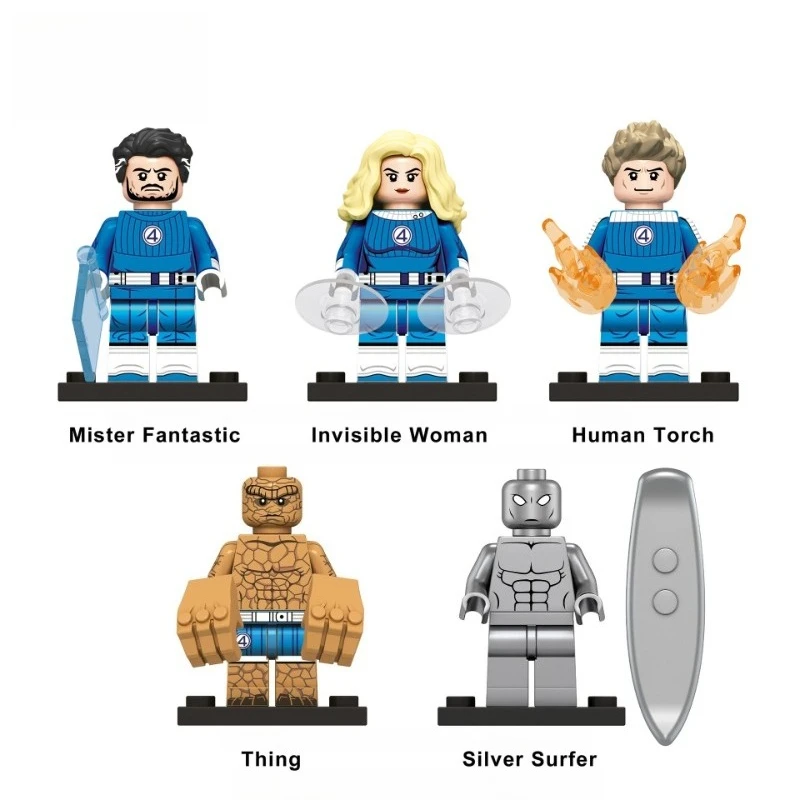 Set de Minifiguras de los Cuatro Fantásticos: Mr. Fantástico, Mujer Invisible, Antorcha Humana, Chiflón, Surfista Plateado, Bloques de Construcción, Juguetes y Regalos para Niños