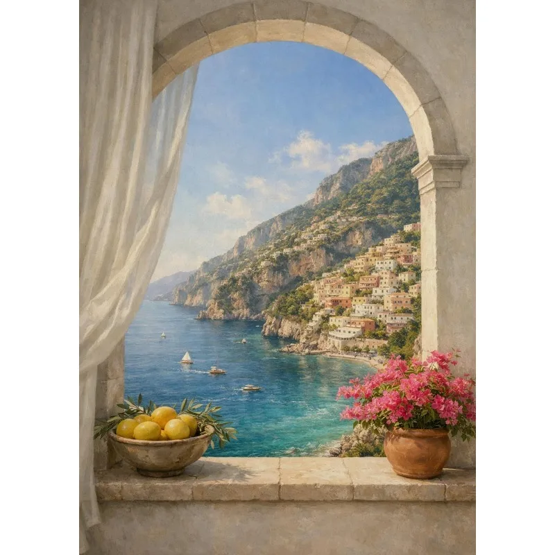 1pc frameless Canvas Painting Mediterranean Coastal View Retro Italy Villa Pomegranate Tree Garden Canvas Painting Wall Art Post
