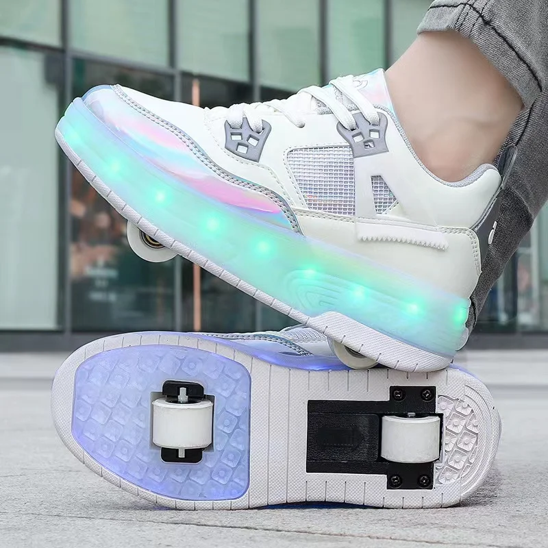 Dual-Use Sneakers for Kids, USB Charging, Glowing, Casual, LED Light, 2 Wheels, Roller Skate, Deformation Shoes, Sports