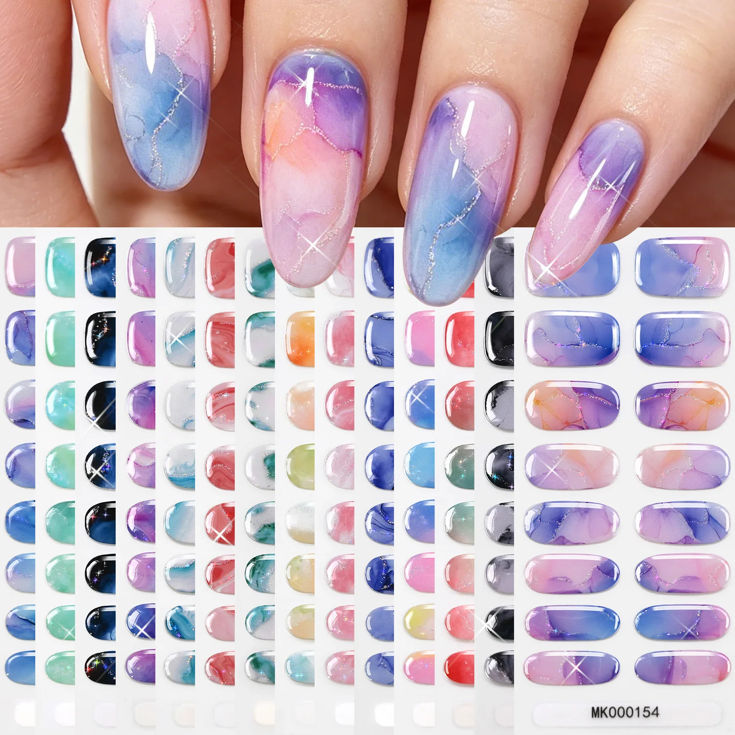 Baking-Free3D Glitter Marble Full Cover Nail Wrips Self-Adhesive Manicure Stickers 16tip Watercolor Smudge UV Polish Nail Strips