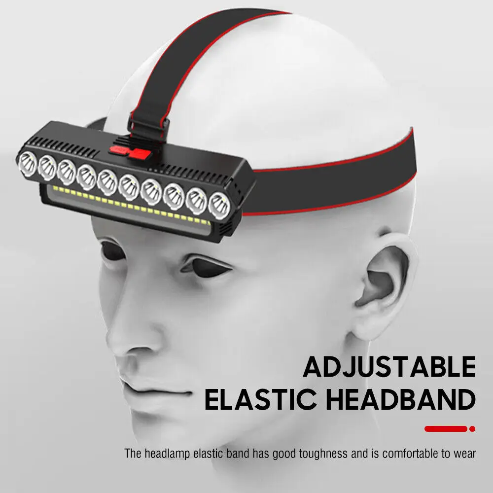 COB 10LED ไฟหน้าไฟหน้าแบบชาร์จไฟได้ไฟฉายทํางาน Light Bar HEAD Band US