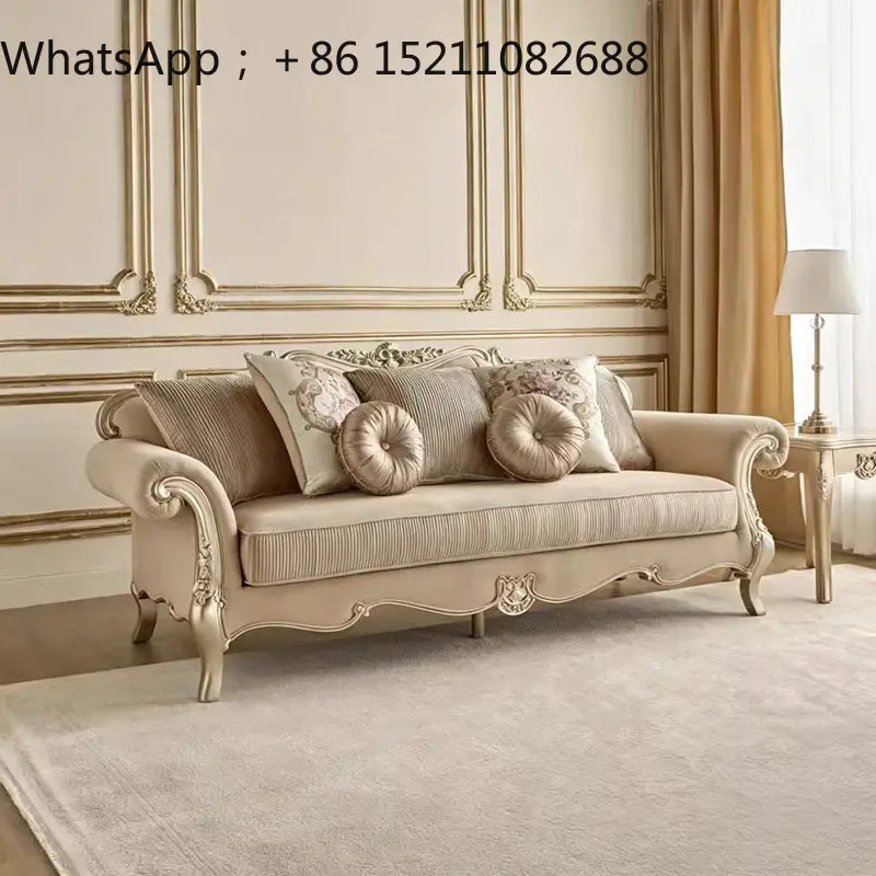 LLY retro solid wood carving flower sofa chair villa living room pull buckle fabric leisure chair sofa coffee table
