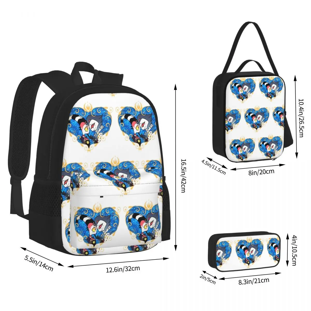 Helluva Boss Stolas And Blitzo Heart Frame Backpacks Boys Girls Bookbag School Bags Rucksack Lunch Bag Pen Bag Three-Piece Set