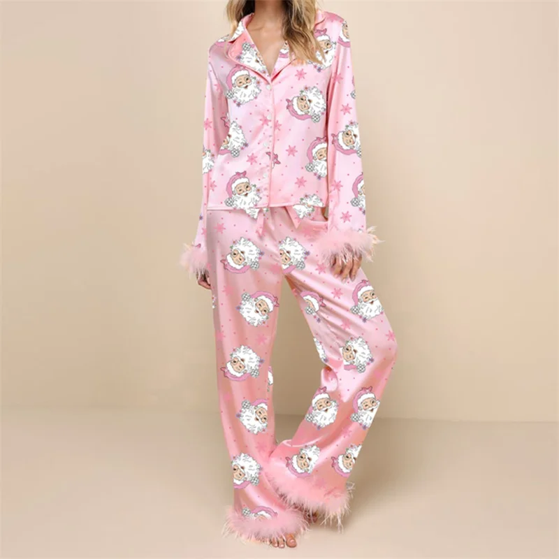 Dourbesty Women Christmas Pajamas Lounge Set Santa/Christmas Tree/Boots Print Shirts Tops and Pants 2Piece Sleepwear Outfit 2024