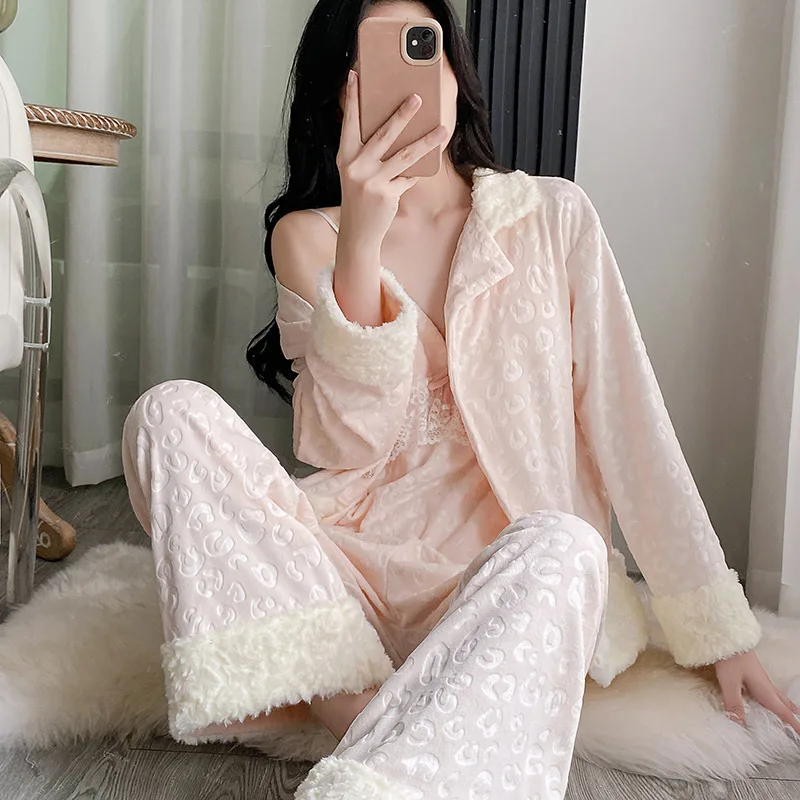 French Style Sweet Jacquard Velvet 3Pcs Pajamas Set Sleepwear Autumn Winter Nightwear Home Clothes Casual Velour Loungewear