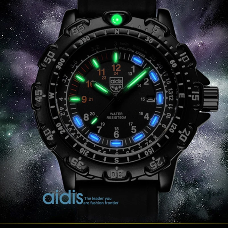 Addiesdive العسكرية رجل ساعة كوارتز الرياضة في الهواء الطلق مضيئة الأسود سيليكون ساعة اليد عادية 5ATM مقاوم للماء Relogio Masculino