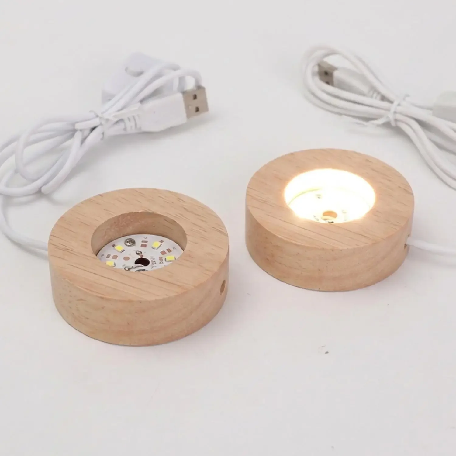 1/4x USB Charging LED Round Display Wood Light Base DIY Desktop Decorative Stand Lamp Holder Ornaments Luminous White Warm Color