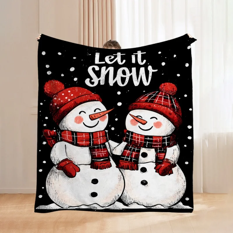 Blue Tone Snowman Christmas Ornament Print Throw Blanket, Winter Pine Leaf Berry Decor Soft Household Throw Blanket