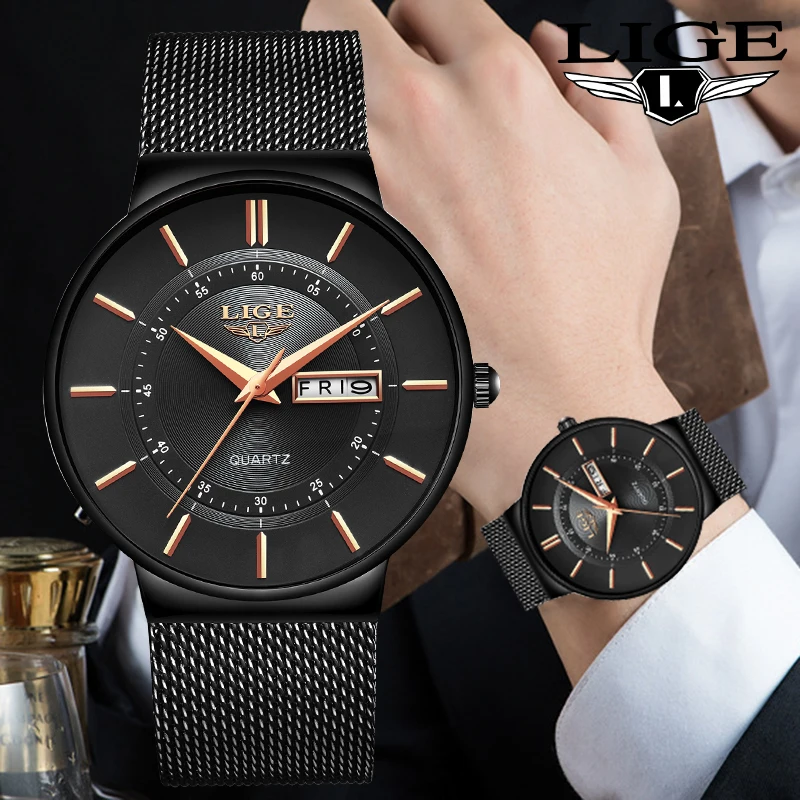 

LIGE Brand Luxury Quartz Man Watch Fashion Casual Mesh Belt Waterproof Watch for Men Wristwatch Week Display Date Vintage Clocks