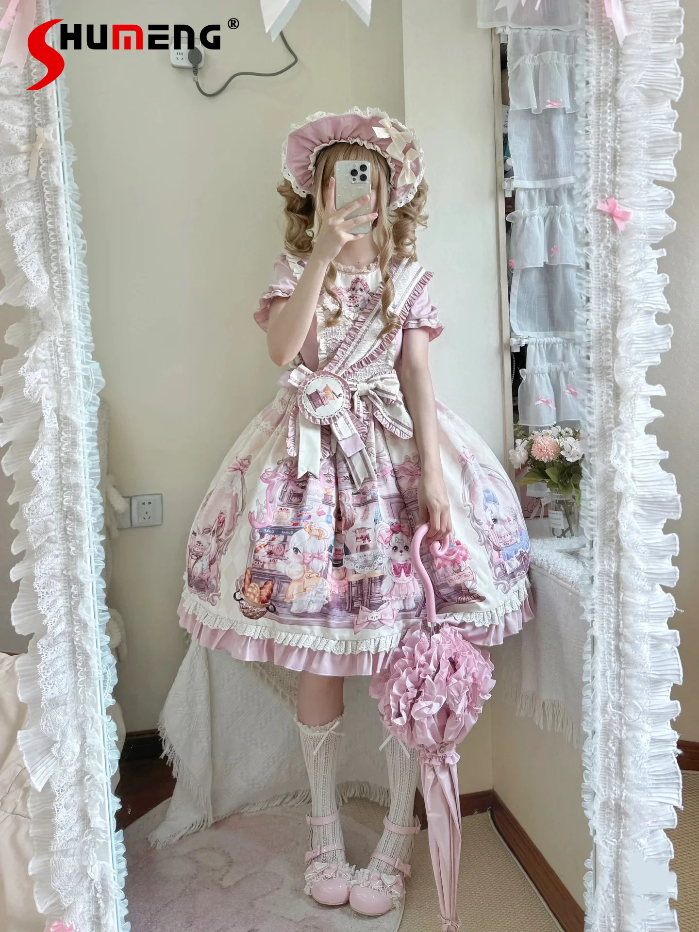 

Girl's Y2K Birthday Dresses Op Summer Woman's Japanese Cute Printed Ribbon Short Sleeve Dress Sweet Princess Style Lolita Dress