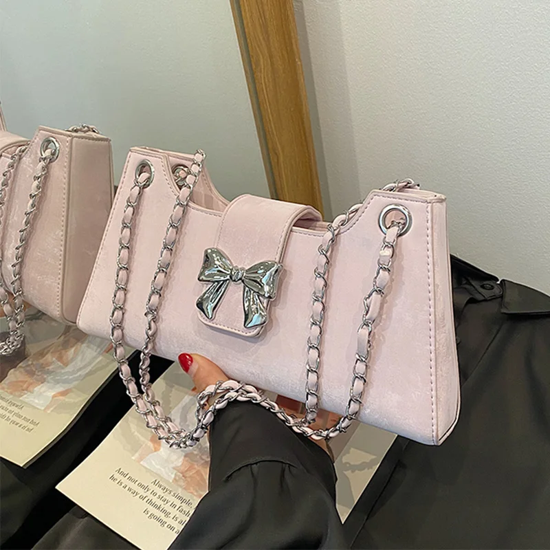 Korean Edition Bow Chains Messenger Bags for Women 2025 New Fashion Texture PU Leather Shoulder Bag Trend Retro Underarm Pack