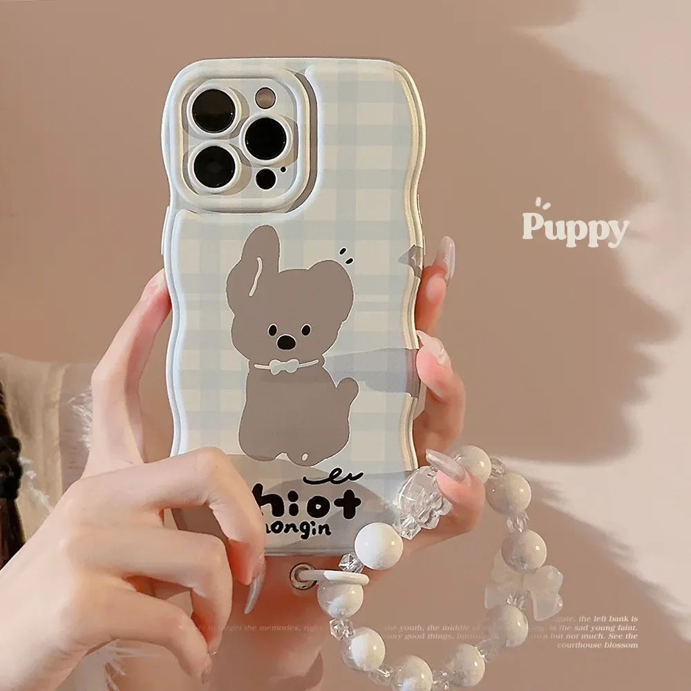 Korean Style Blue Checkered Puppy Phone Case for IPhone16 15 14 12 13 11 Pro ProMax Plus X XR Shockproof Phone Cover