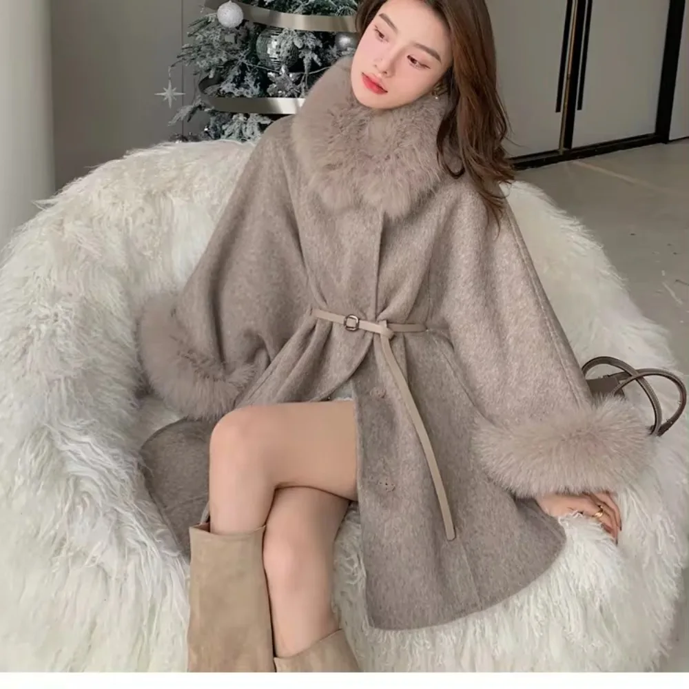 2024 New Autumn Winter Fur Sleeve Detachable Real Fox Fur Collar Coat Wool Women\'s Warm A-line Jacket Luxury Thick Female Coat