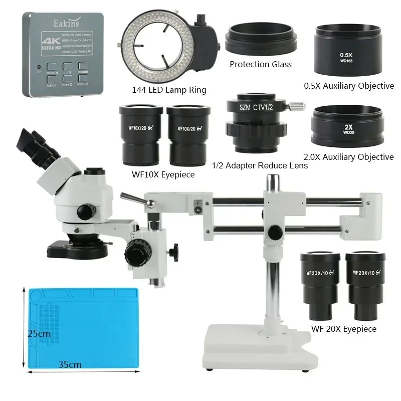 Simul-Focus Parfocal 3.5X-90X 180X Stereo Trinocular Microscope 8.3MP 4K 1080P UHD HDMI USB Type C Camera Double Boom Stand