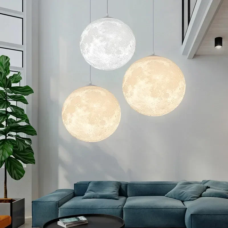 Nordic 3D Print Moon Pendant Light Creative Night Lamp Indoor Decor Restaurant Living Bedroom Hanging Lighting Chandeliers