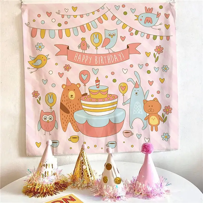 VIKAMA Cartoon Animal Birthday Party Tapestry, Birthday Celebration Wall Hanging for Bedroom Living Room Decor