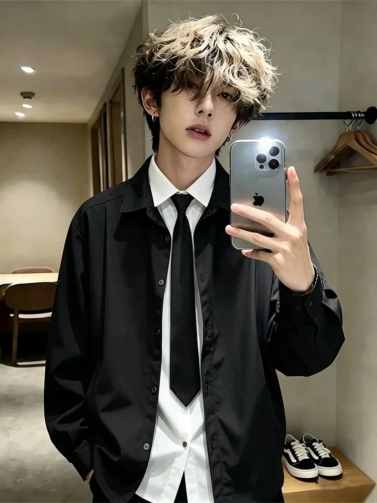 Men's College Style Long Sleeve Shirt DK Tie Fake Two-Piece Early Autumn 2026 Design High-End Shirt Jacket Loose Fit Polyeste...