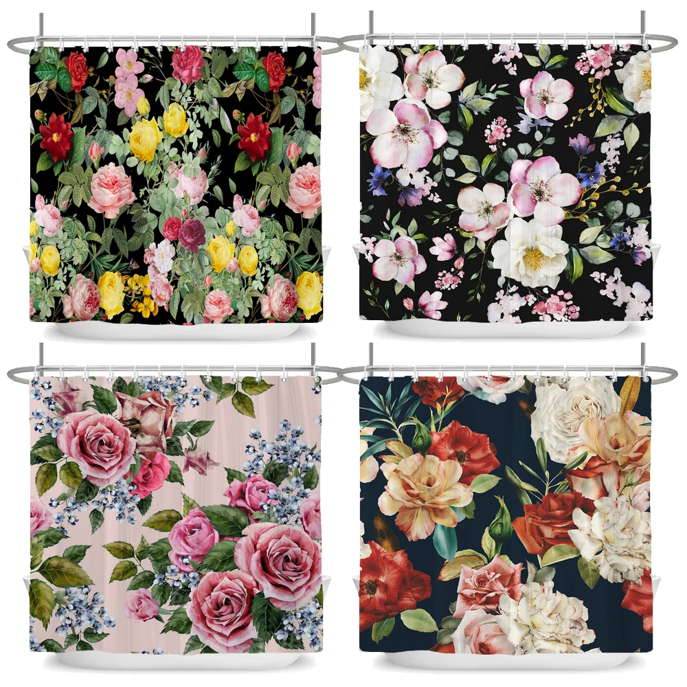 

Elegant Flowers Printed Shower Curtain Morden Art Floral Waterproof Fabric Bathroom Curtains Room Decoration Curtain With Hooks