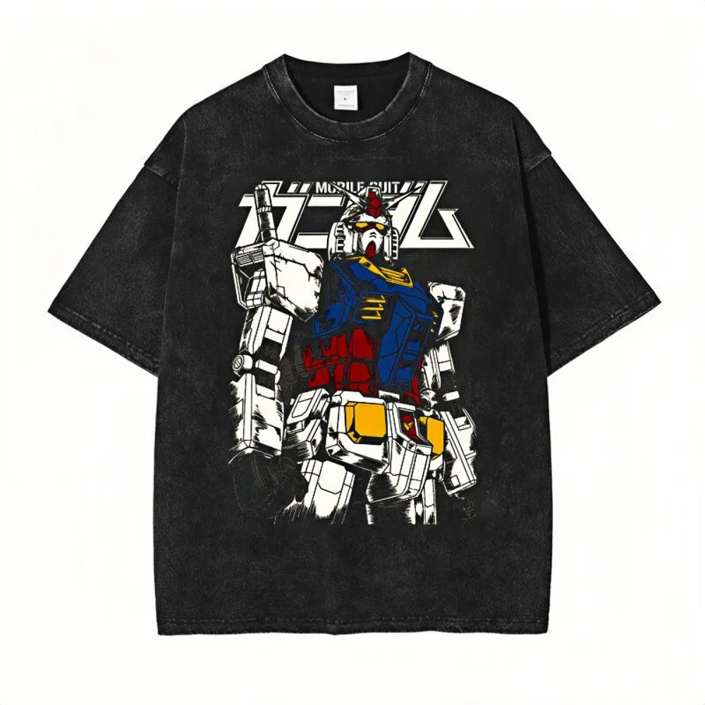 

Gundam Acid Washed Urban Tee Crewneck Unisex Oversized Cotton Distressed Punk Streetwear Trendy Loose Fit Daily Tees