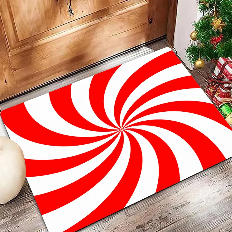 Candy Cane Swirl Red White Peppermint Bold Stripe Spiral Pattern Print Non Slip Washable Carpet For Modern Holiday Theme