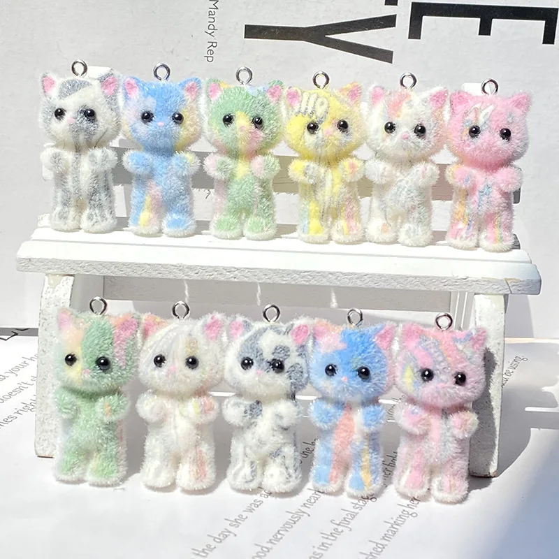 20PCS 3D Resin Flocking Kitten Charms Multicolor Rendering Cat Pendant for Necklace Keychain Making DIY Accessories Wholesale