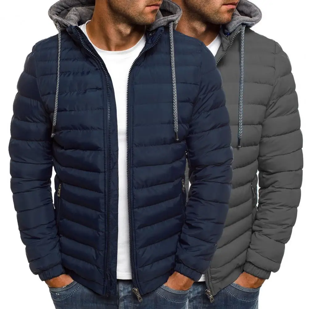 New Oversize Men Detachable Hat Padded Hooded Cardigan Drawstring Winter Thick Warm Jacket Outerwear Top