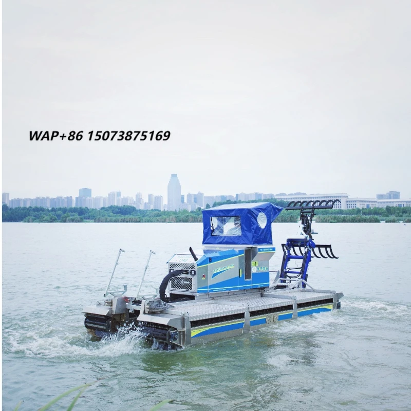 Amphibious Multifunctional Raking Harvester with Wide-Jaw Hydraulic Gripper for Lake and River Cleaning.
