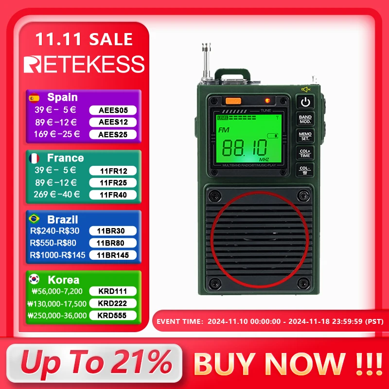 Retekess TR111 Radio FM Portable Radios AM FM Mini Ham Radio Shortwave Emergency Amateur Radio Multiband SW VHF WB Alarm Clock