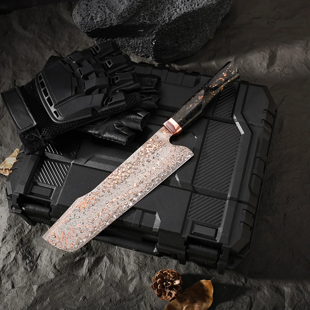 YAN Japanese Hitachi 5PCS 129 Layers Copper Damascus SKD11 SLD Nakiri Kitchen Knife Copper Bolster Carbon Fiber Handle