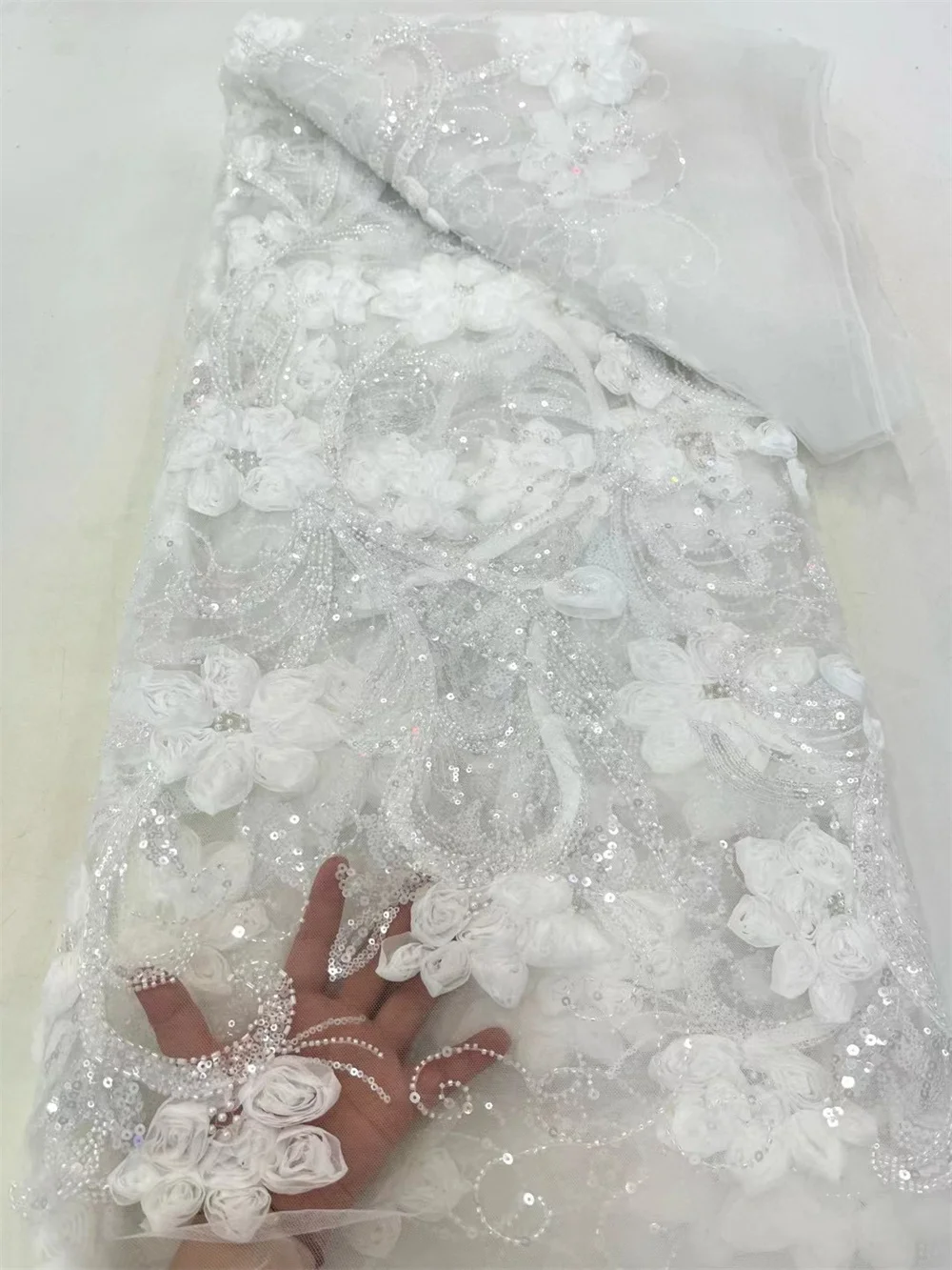 아프리카 오렌지 레이스 원단 나이지리아 원단 5 야드 메쉬 레이스 프랑스 럭셔리 구슬 3D 수 놓은 얇은 명주 그물 레이스 원단 봉제 A1147-1