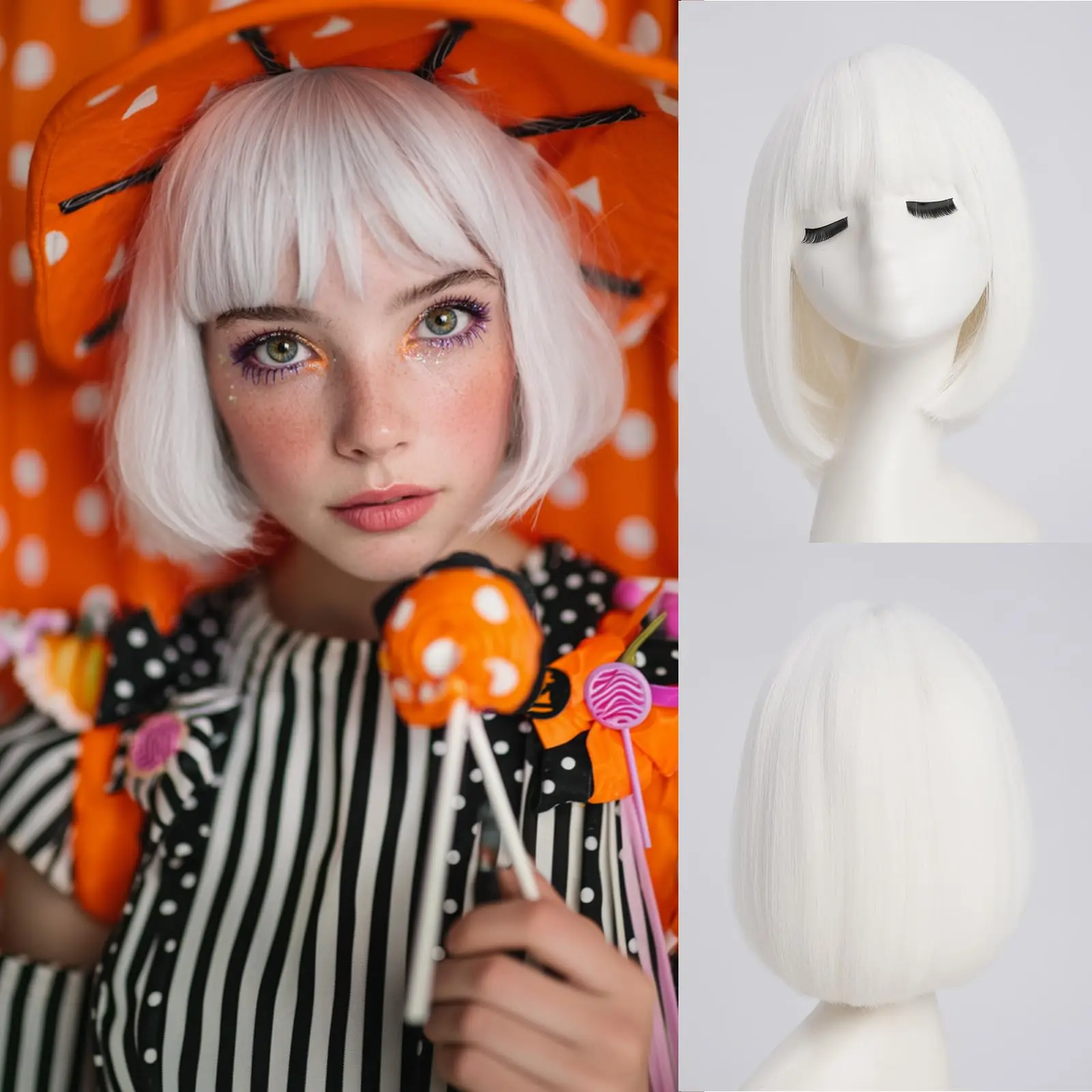 Short bob hairstyle white synthetic wig made of high-temperature thread - Halloween party cosplay costume wig - daily wig set
