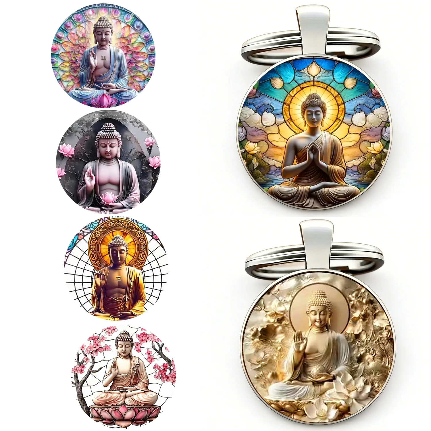 1PC Porte-clés Rétro Bouddha, Design Lotus Méditation Finition Verre, Porte-clés en Métal Durable, Cadeau Spirituel pour la Paix et la Pleine Conscience