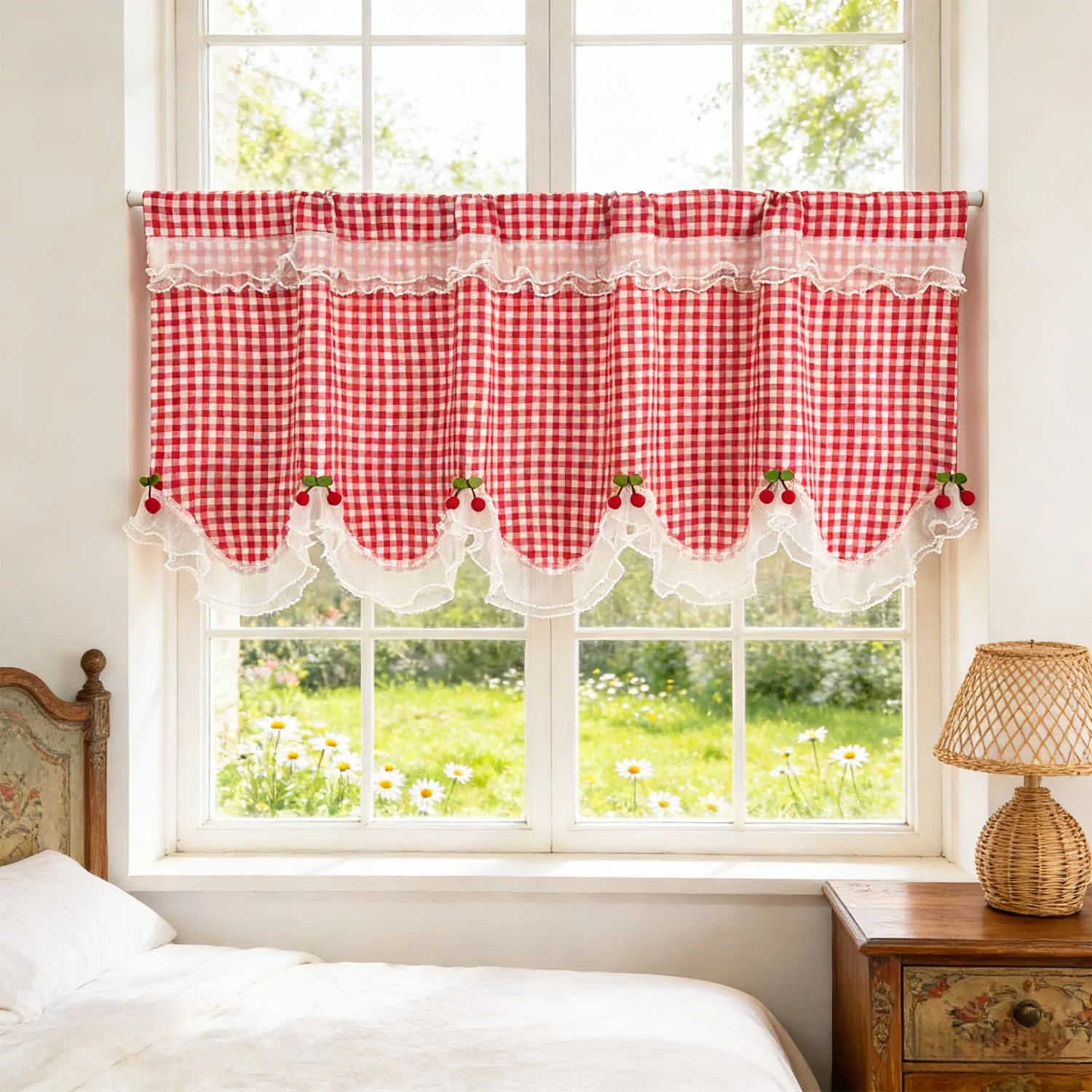 1PC Classic Red Lattice Lace Curved Curtain for Small Window Cabinet Door Kitchen Drape With Red Cherries Home Decoration