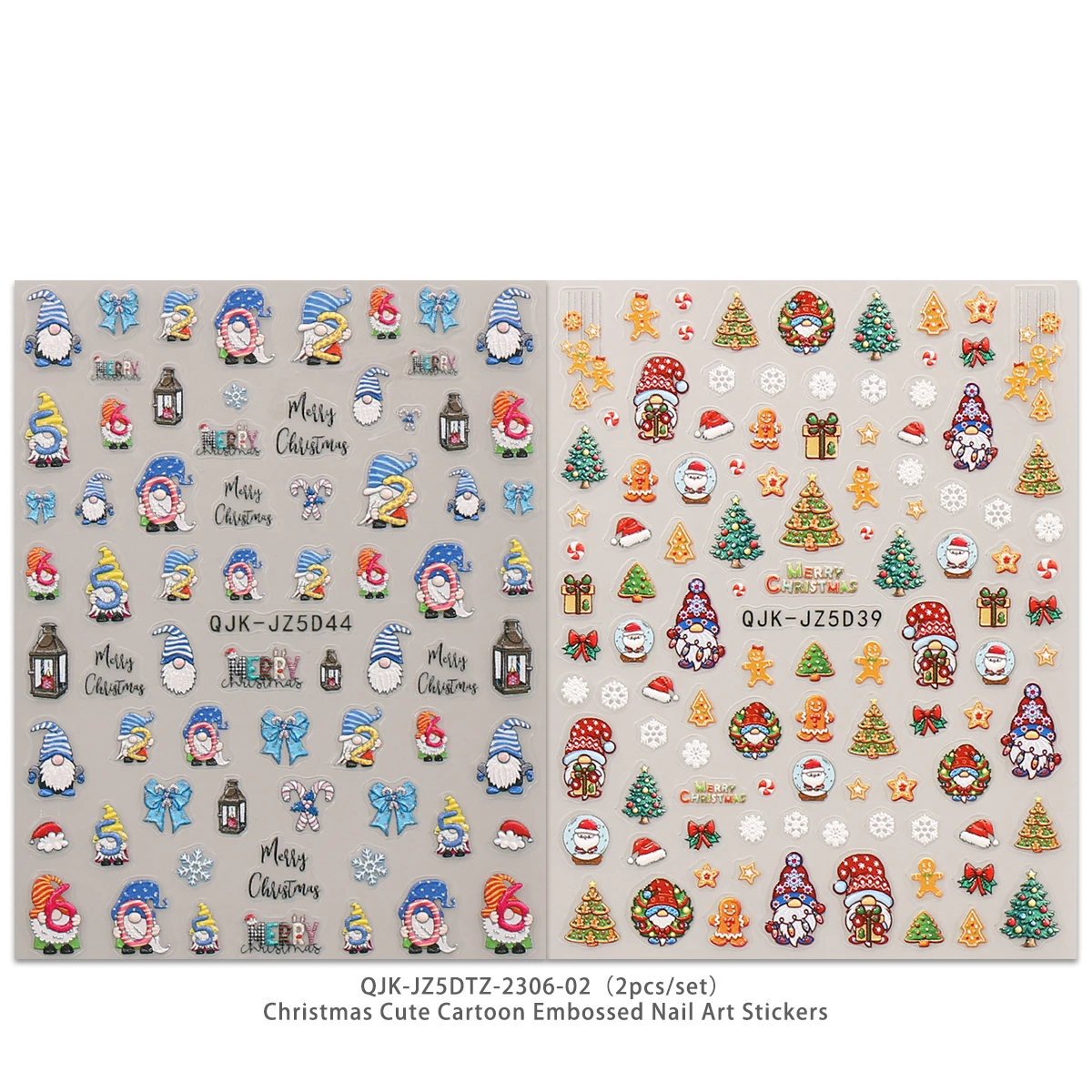 2pcs Christmas manicure embossed stickers, cute cartoon theme, easy to apply nail decoration, DIY, gifts, party makeup styling