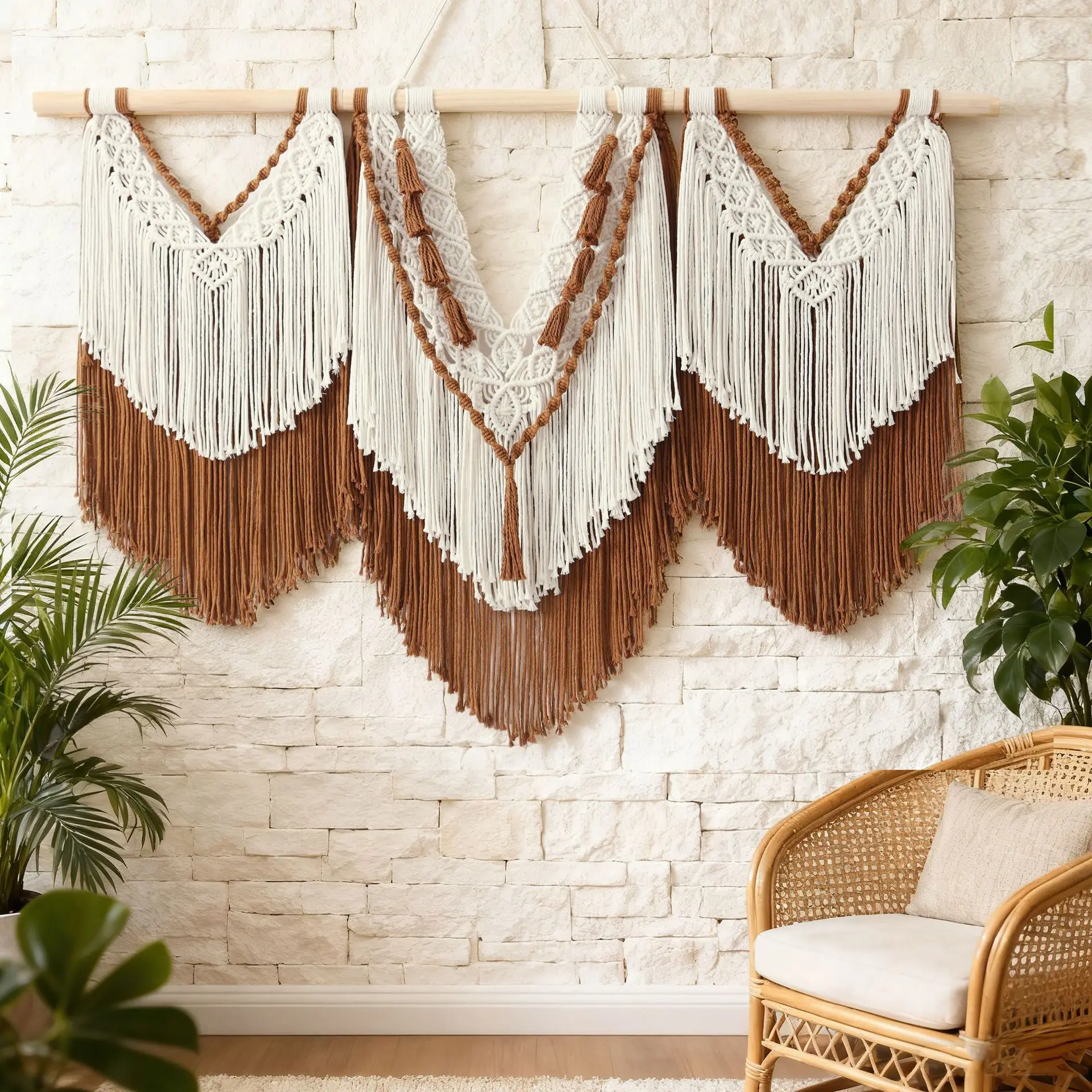 Large Woven Cotton Rope Boho Wall Decor with Wooden Rod, Two‑Color Tassel for Living Room Bedroom Background Ornament Decoration