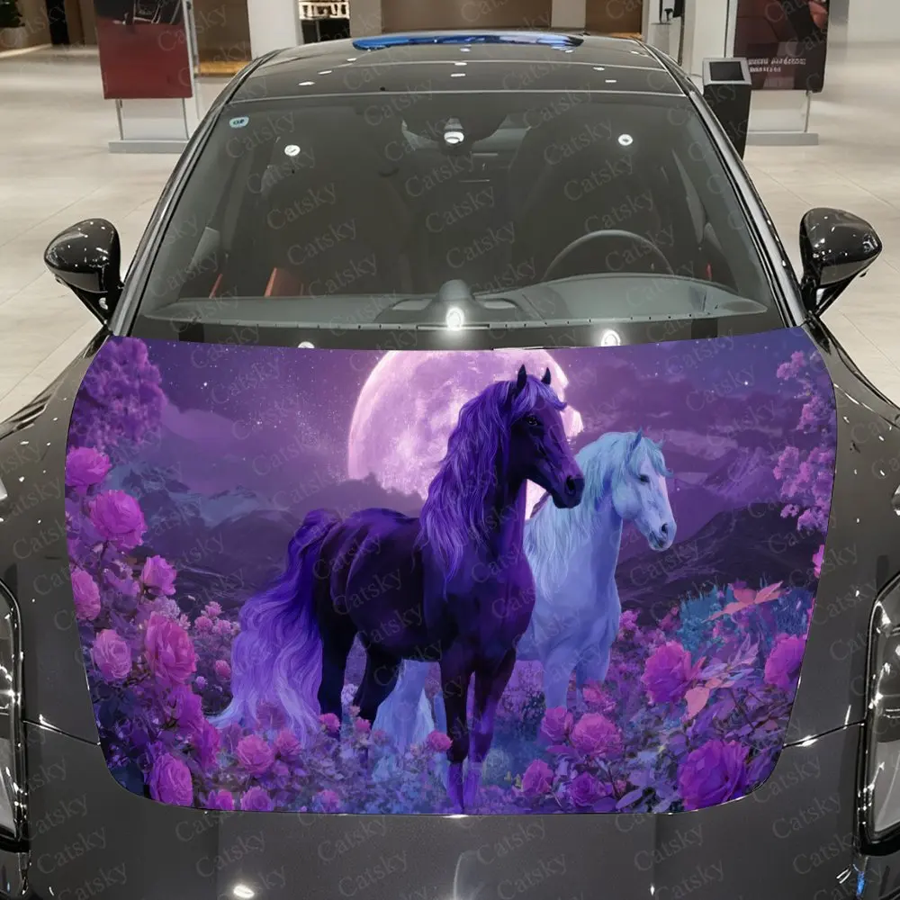 

Purple & Blue Horses Wrapped in Flowers Car Vinyl Wrap, PVC Material Waterproof Car Hood Sticker, Self-Adhesive Scratch-Resistan