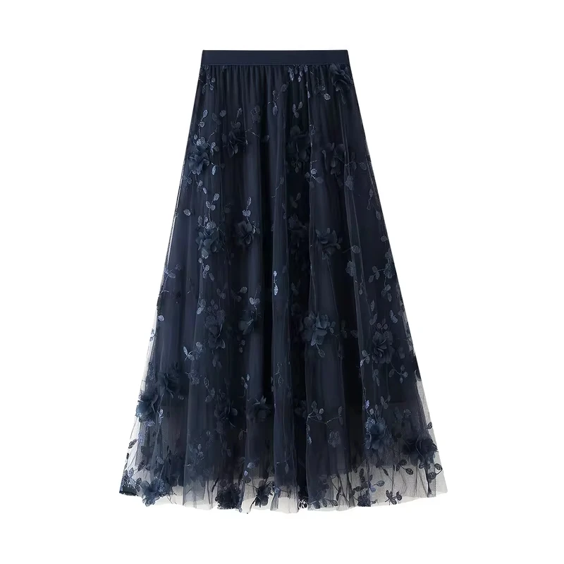 New In 2025 Women's Spring Summer Floral Embroidery Mesh Elegant Midi Long Skirt Female High Waist Sweet A-line Tulle Faldas