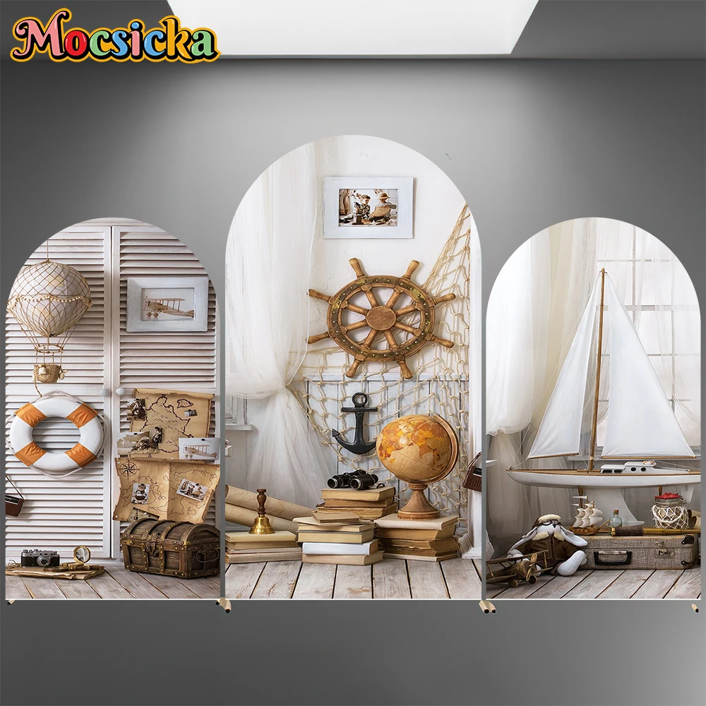 Mocsicka Sailing Ship Arch Backdrop Covers Elastic Double-Faced Explorer Baby Boy Happy Birthday Arched Backgrounds Party Decors
